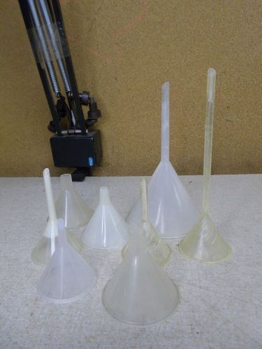 Lot of 8 Scientific Plastic Laboratory Funnels, Various Sizes and Lengths