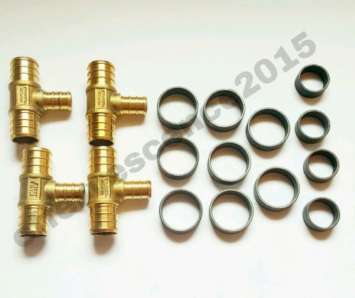 (4) 3/4&#034; x 3/4&#034; x 1/2&#034; pex tee - brass crimp fittings with crimp rings for sale