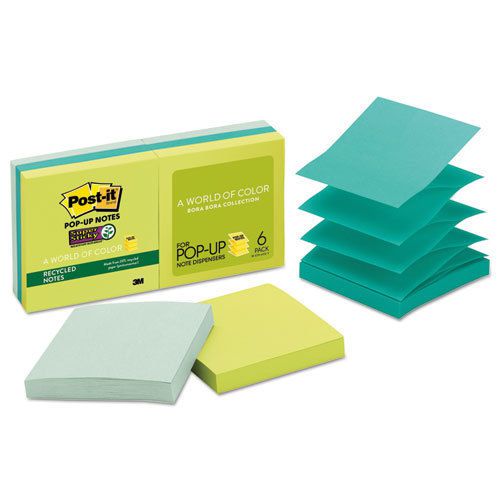 Pop-up Recycled Notes in Bora Bora Colors, 3 x 3, 90-Sheet, 6/Pack