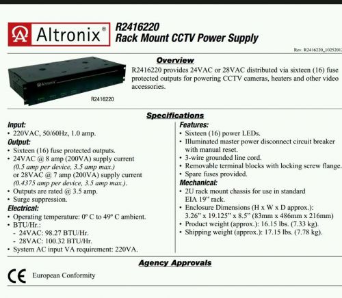 Altronix R2416220 CCTV Rack Mount 16 fused Output Power Supply 19&#034; nib