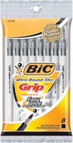 Black - Bic Ultra Round Stic Grip Ball Pens Medium Point 8/Pkg