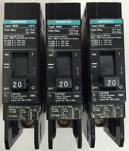 LOT OF 3 - Siemens Type BQD 20 Amp 1 Pole 277 Vac BQD120 Circuit Breaker