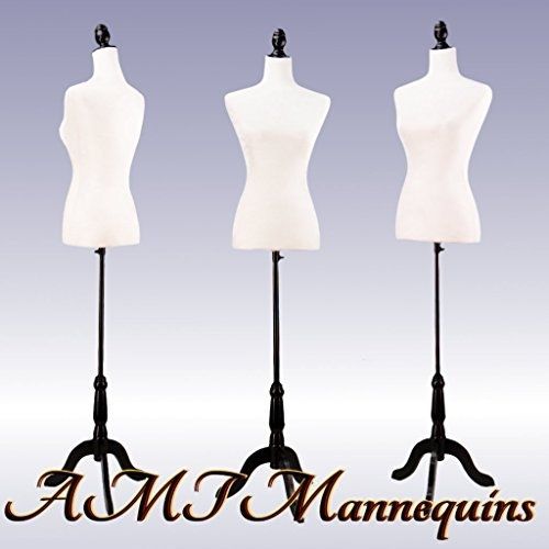 White Female Velour-Like Fabric Mannequin Dress Form (On Black Tripod Stand)