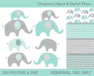 Mint Green &amp; Grey Chevron Elephant Chevron Pattern Clipart &amp; Digital Paper