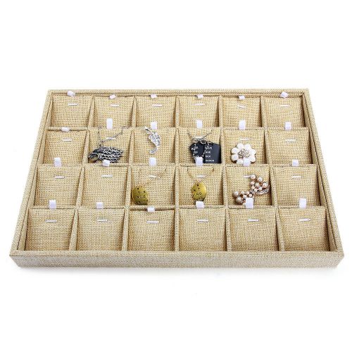 Necklace Earrings Pendant Display Jewelry Tray 24Grids Linen Box Holder Showcase