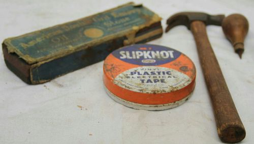 LOT OF VINTAGE TOOLS JUNK ELECTRICAL TAPE SMALL HAMMER STONE SHARPENER RUSTIC