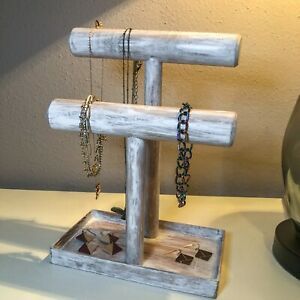 Oak Jewelry Stand with Tray, handmade with distressed whitewashed finish