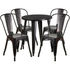 24&#039;&#039; Round Black-Antique Gold Metal Indoor-Outdoor Table Set with 4 Cafe Chairs