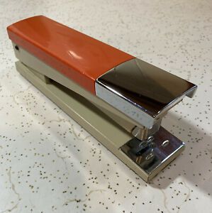 Vintage ACCO 20 Stapler Steel Heavy Classic Retro ORANGE TAN CHROME Made In USA