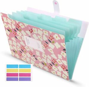 Skydue Expanding File Folders with 8 lables, Floral Printed Accordion Pink