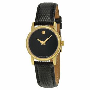 &#034;Movado&#034; Women&#039;s Gold Black Dial Leather Strap Gold Tone Watch 2100006