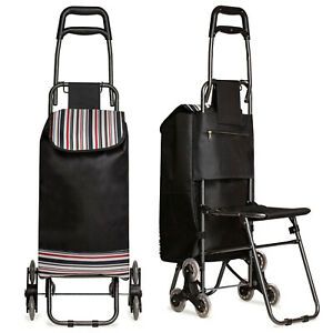 Stair Climbing Rolling Multipurpose Utility Cart with Foldout Seat, Black