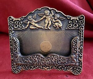Victorian Style Brass Business Card Holder Desk Easel Stand Cherubs Angels 4.75”