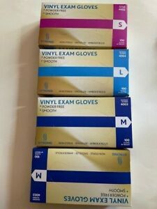 New One lot: four boxes, one small, one large, two med, vinyl exam gloves 100 ct