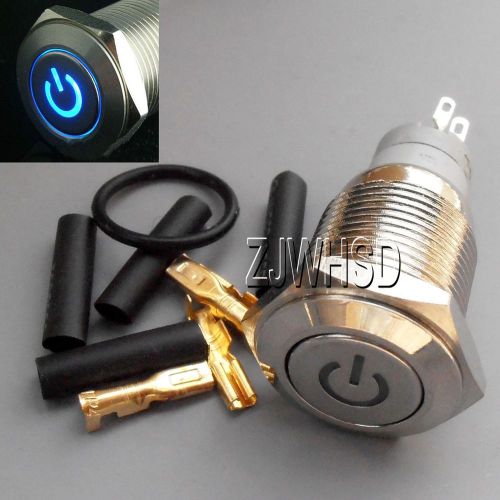 16mm 12V BLUE Led Lighted Push Button Metal ON-OFF Lock Switch Connector O-ring