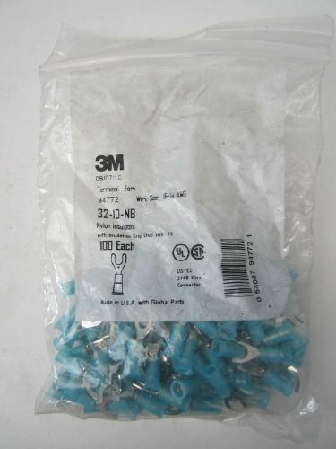 NEW 100 pack 3M 94772 Blue Nylon Fork Terminals 16-14 AWG Stud Size #10
