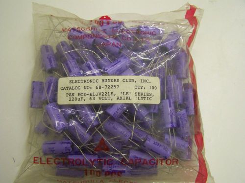 Electrolytic capacitor 220 micro farad (220 uf) 63 volt capacitors, bag of 100 for sale