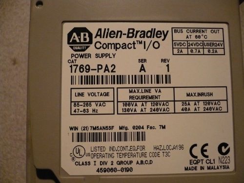 Allen Bradley 1769-PA2 POWER SUPPLY 120/240 VAC INPUT 2 AMP AT 5 VDC OUTPUT