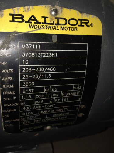 10 Hp 215T Baldor Electric Motor 3500 RPM