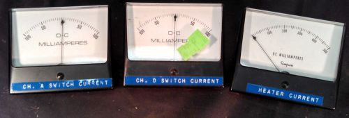 Lot Of 3 Used DC Amp Milli Amp Meters one Simpson 2x-0-100Ma / 1x-0-500Ma / 5&#034;