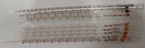 Lot (11) Bellco Pyrex Fisherbrand Glass 10mL in 1/10  Reusable Measuring Pipette
