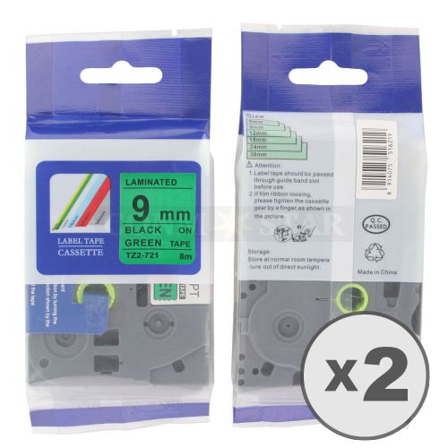 2pk black on green tape label compatible for brother p-touch tz tze 721 9mm 3/8&#034; for sale