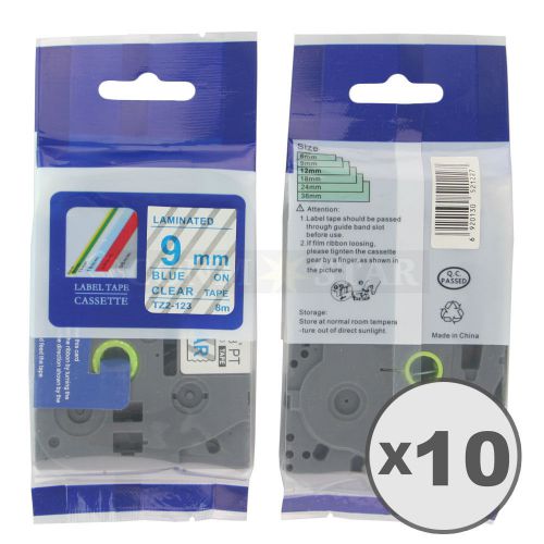 10pk blue on transparent tape label compatible for brother ptouch tz tze123 9mm for sale