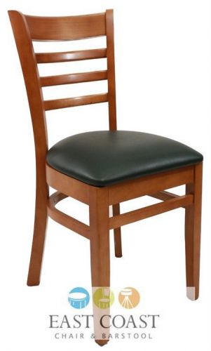 New commercial wooden cherry ladder back restaurant chair with green vinyl seat for sale