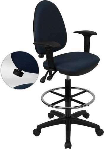 Mid-back navy fabric multi-functional adjustable drafting stool with arms for sale