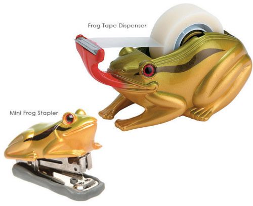 Green frog scotch tape dispenser w mini bullfrog stapler for sale