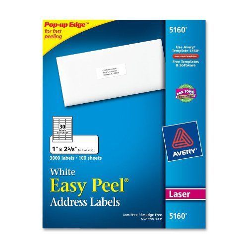 Avery easy peel address label - 1&#034; width x 2.62&#034; length - 3000 / box - (5160) for sale