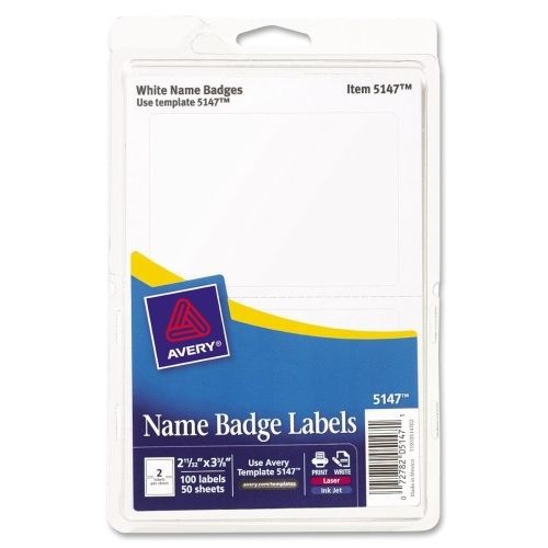 Avery Name Badge Label - 2.34&#034;Wx3.37&#034;L - 100/Pk - Laser, Inkjet - White