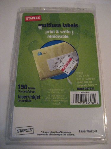 Labels 1 1/2&#034; by 4&#034; white - laser/inkjet compatible -  *STAPLES*