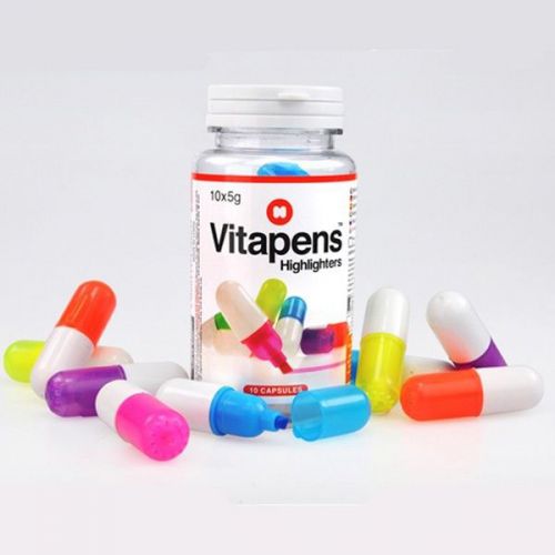 Mustard Vitapens 10 Capsule Highlighters Vitamin Pill Shaped Pack Set In A Jar