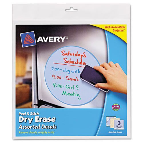 Avery Peel and Stick Dry Erase, 10&#034; x 10&#034;, Assorted Colors, 3-Pack
