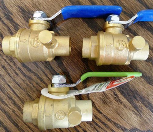 1/2&#034; ball valves w/ drains w/ 1/4-turn solder x solder, brass, 1/2 inch (3) for sale