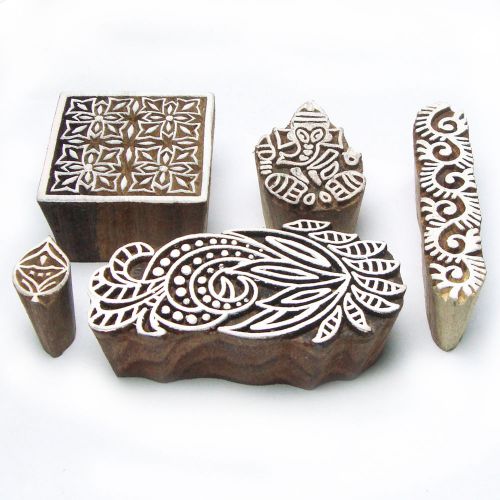 Hand Carved Wooden Floral Pattern Tags for Block Printing (Set of 5)