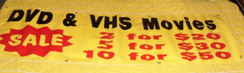 Dvd &amp; vhs sale banner yellow vinyl 2 x 6 (include grommets)  with  free shipping for sale
