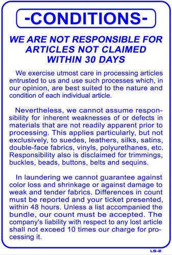 WE ARE NOT RESPONSIBLE FOR ARTICLES LEFT OVER 30 DAYS... 20&#034;x14&#034; Sign LS-2