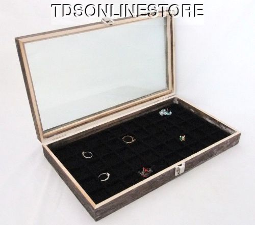 Rustic Antique Coffee Color 50 Slot Jewelry Glass Top Display Case Blk