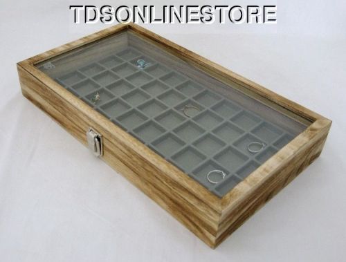 Rustic Antique Oak Color 50 Slot Jewelry Glass Top Display Case Gray