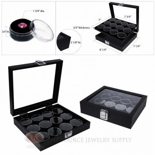 (2) black 12 gem jar inserts w/ glass top display cases gemstone storage jewelry for sale