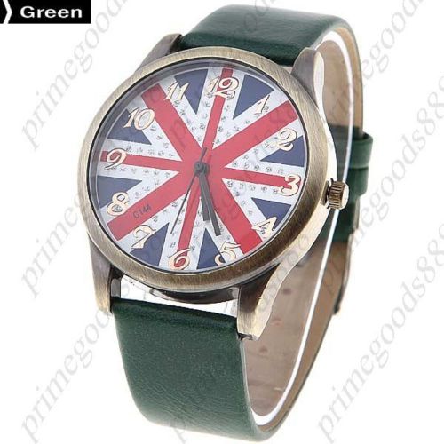 Union jack British Flag PU Leather Lady Ladies Quartz Wristwatch Women&#039;s Green