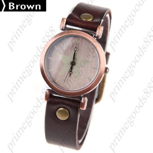 Star Face PU Leather Quartz Wrist Wristwatch Women&#039;s Free Shipping Brown