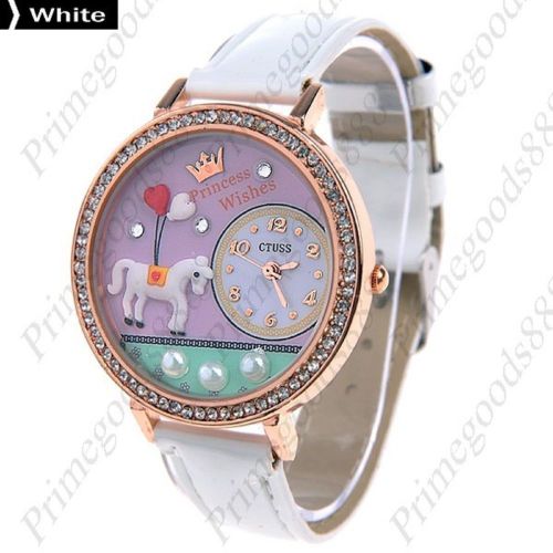 3D Horse Pony Princess Quartz PU Leather Lady Ladies Wristwatch Women&#039;s White