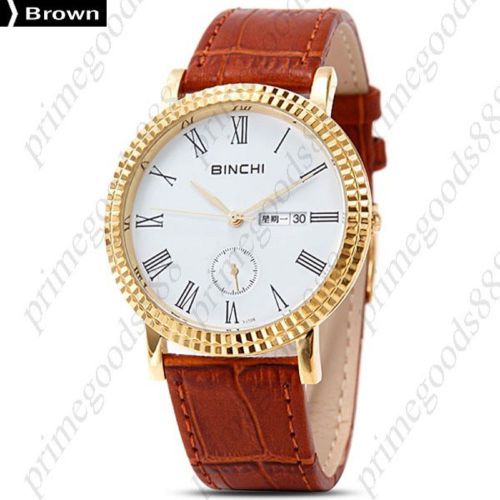 Genuine Leather Men&#039;s Date Analog Wristwatch Free Shipping Gold Golden Brown