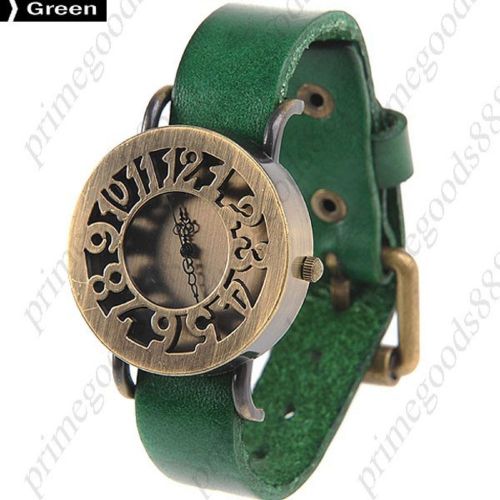 Hollow Out Retro Style Round PU Leather Quartz Wrist Wristwatch Women&#039;s Green
