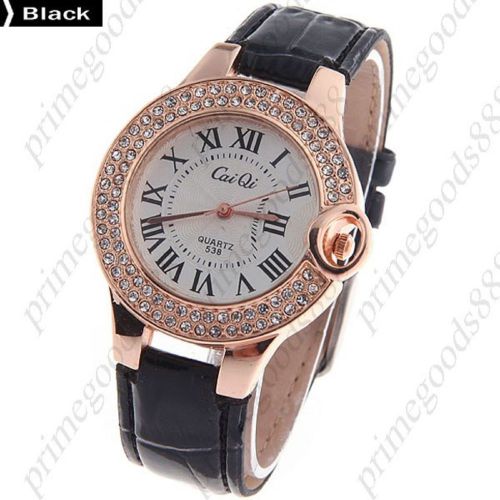 Pu leather round rhinestones analog quartz wrist wristwatch women&#039;s black for sale