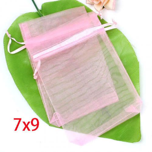 100Pcs Pink Drawable Organza Wedding Gift Bags&amp;Pouches 9x7cm