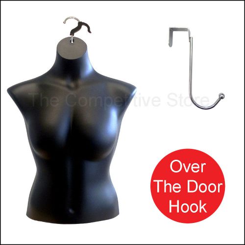 Black female busty torso mannequin form for m sizes + chrome over the door hook for sale